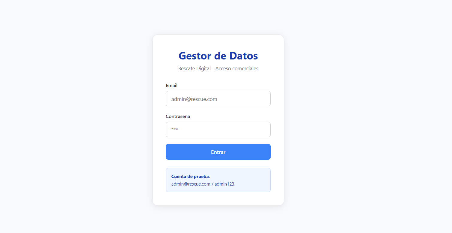 Pantalla de acceso del gestor de comerciales