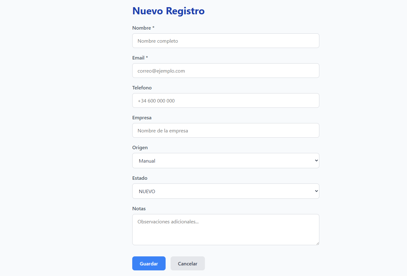Registro de nuevo lead en el gestor